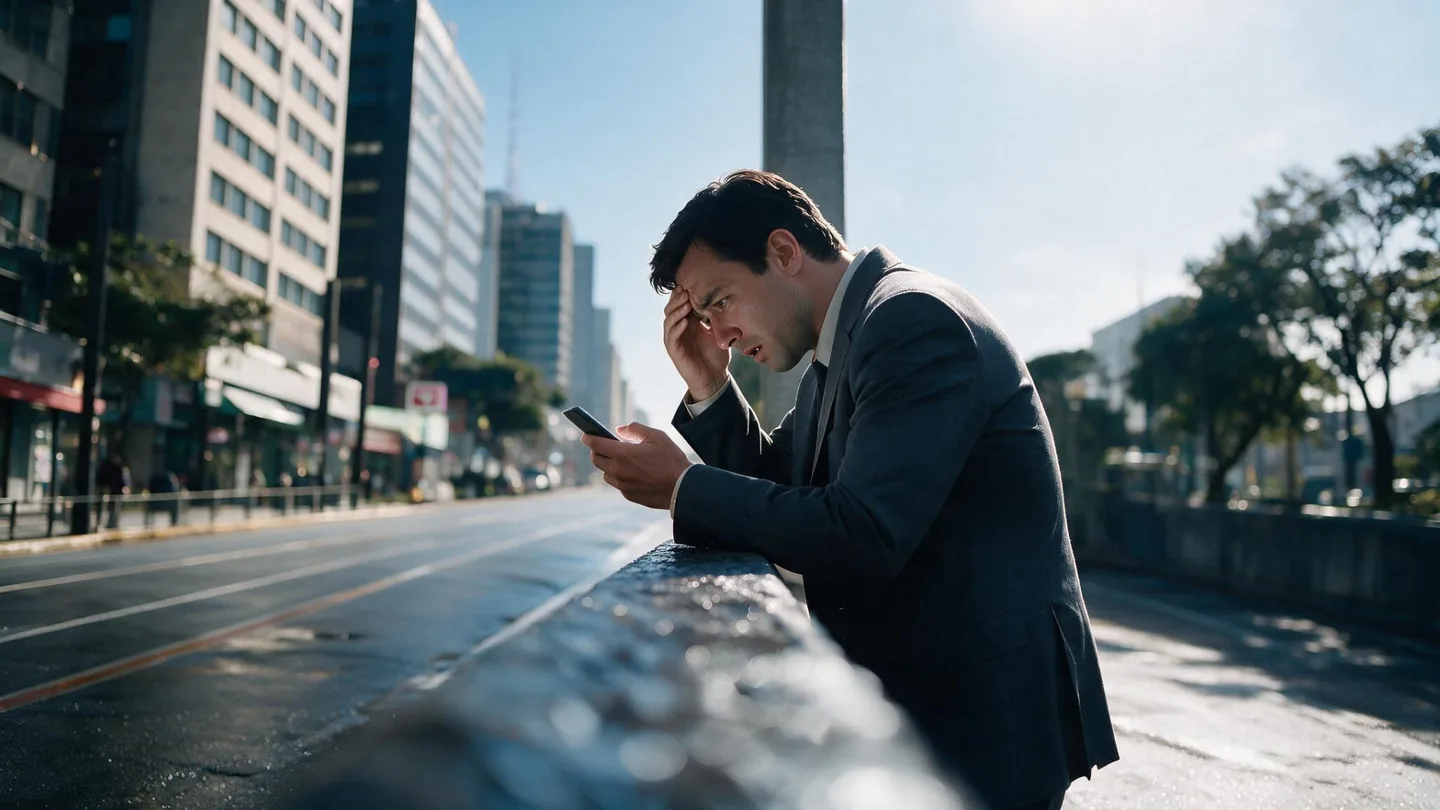 Corretor preocupado consultando o celular enquanto procura um imóvel para seu cliente.